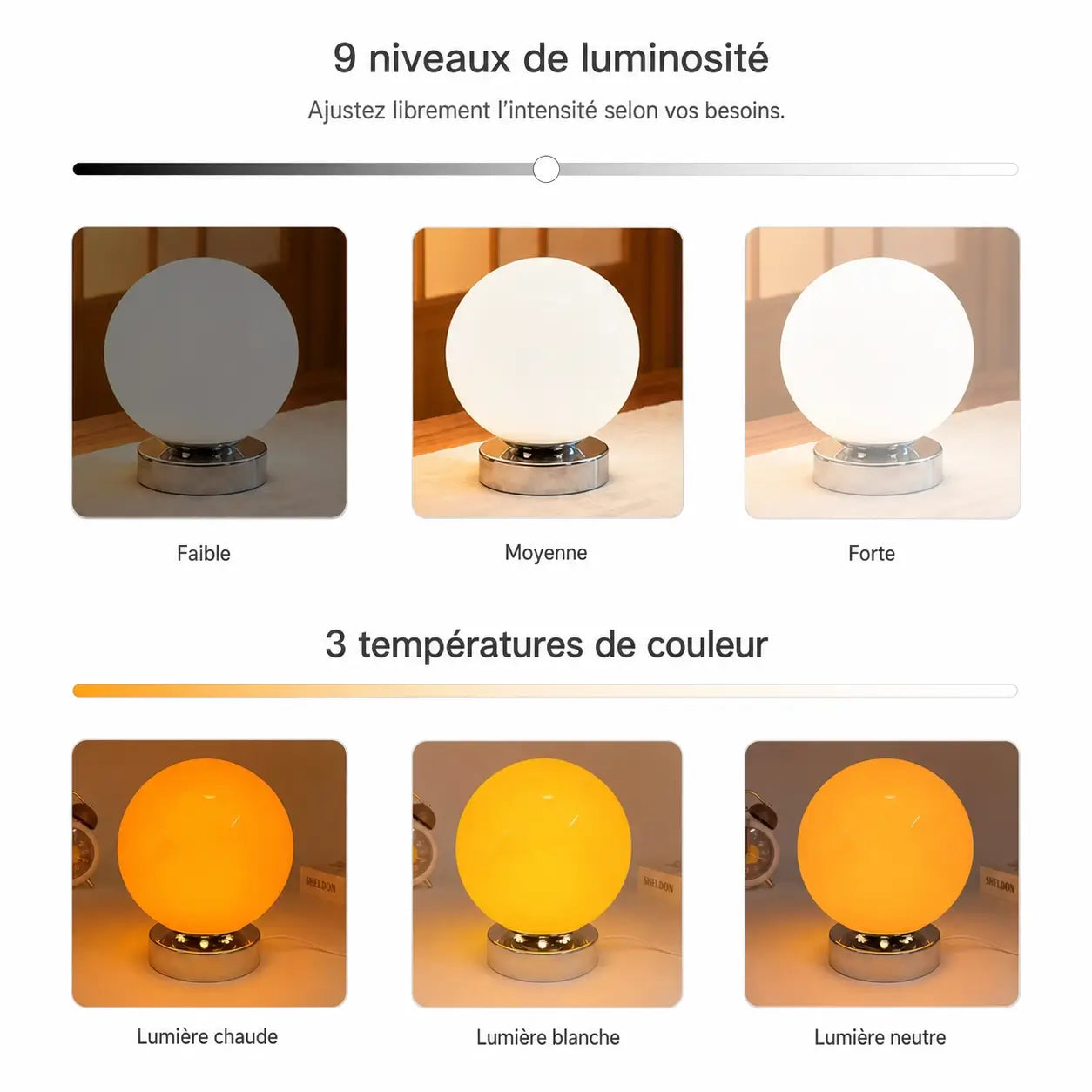 Réglages de la lampe de bureau Ignis : neuf niveaux de luminosité et trois températures de couleur