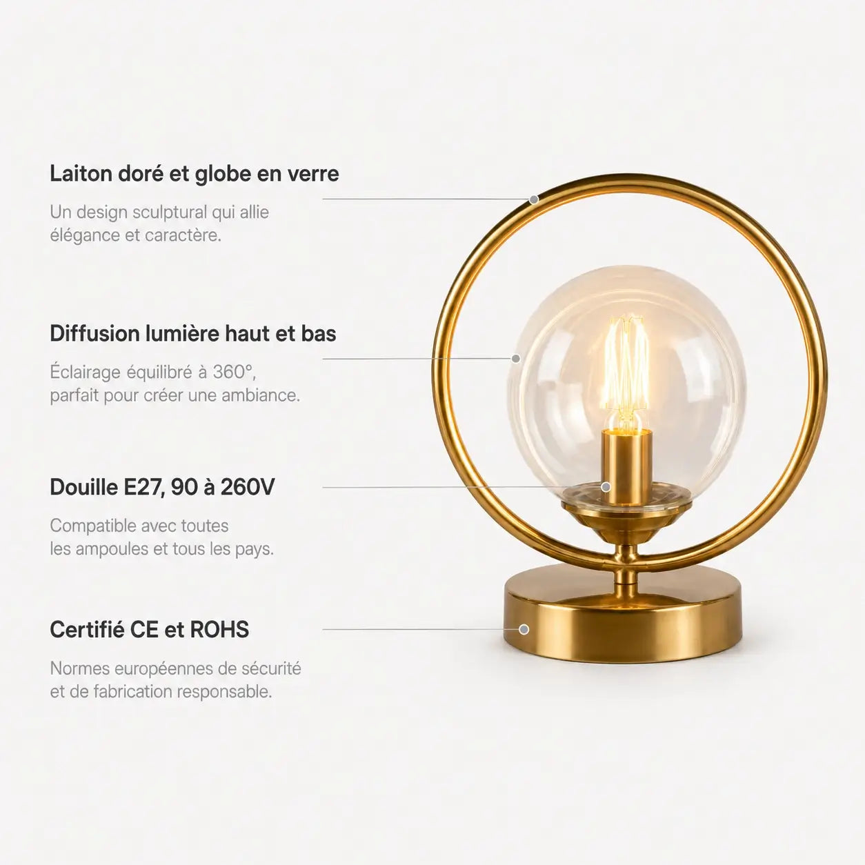 Caractéristiques de la lampe Orbis : structure en laiton doré, globe en verre, diffusion 360°, douille E27