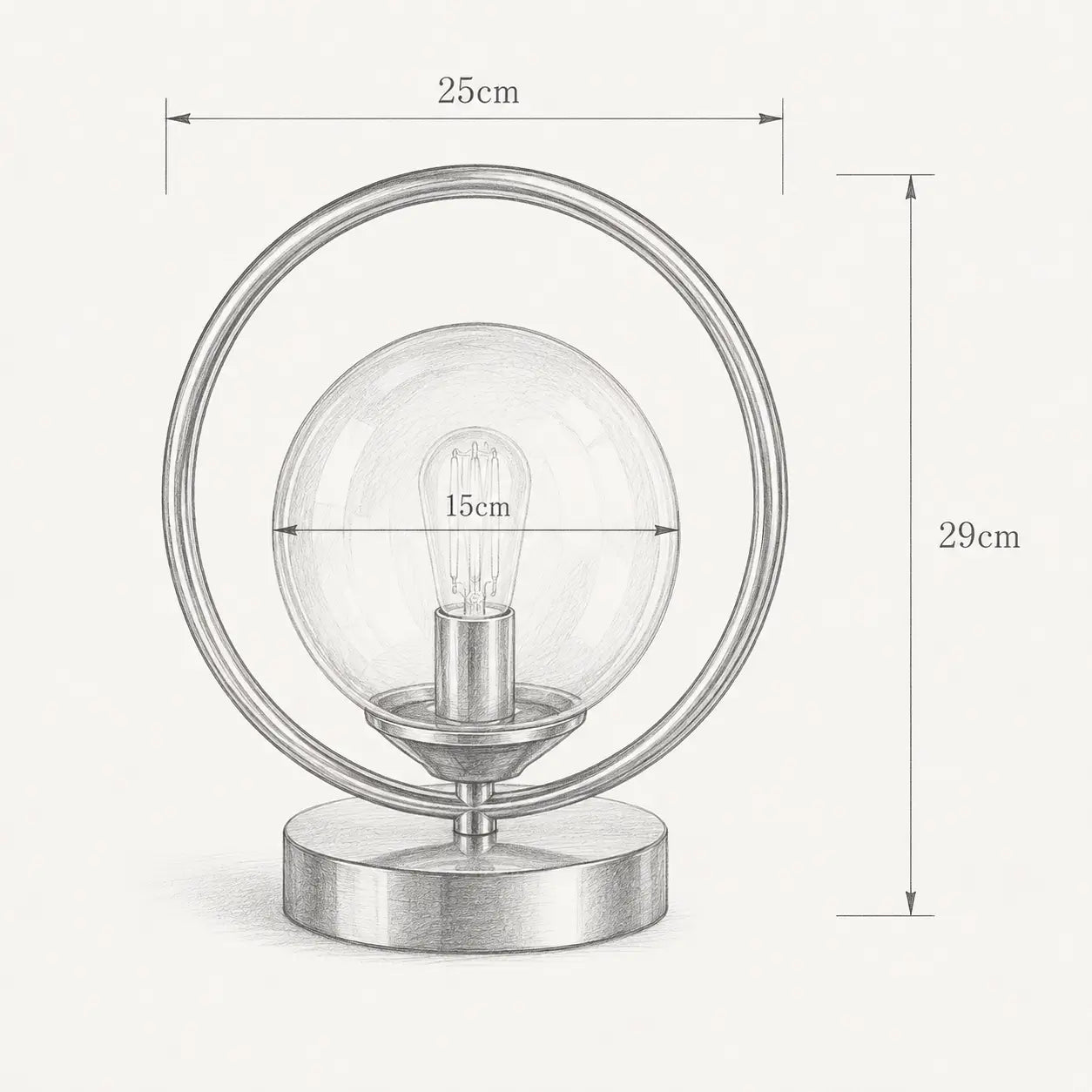 Croquis technique de la lampe Orbis avec dimensions : hauteur 29 cm, anneau 25 cm, globe en verre 15 cm