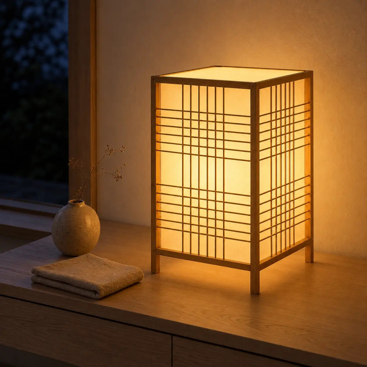 Lampe lanterne Tessera en bambou allumée sur un meuble en bois, lumière tamisée filtrée par le treillis en soirée