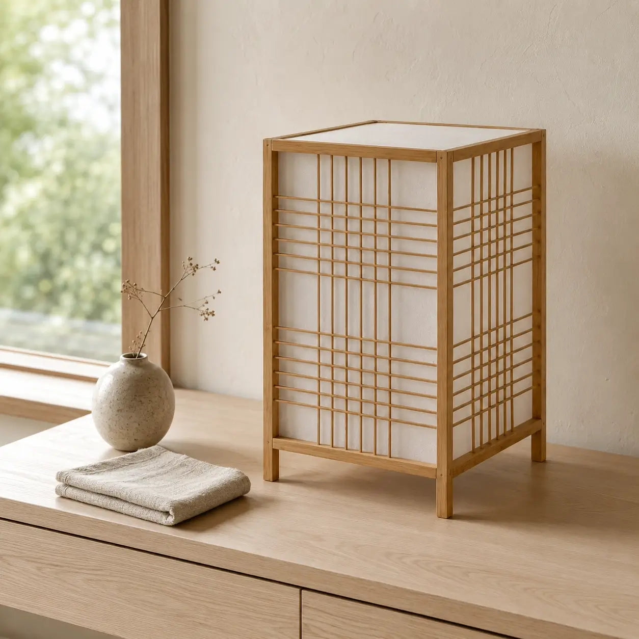 Lampe lanterne Tessera en bambou posée sur un buffet en chêne près d'une fenêtre dans un intérieur japandi