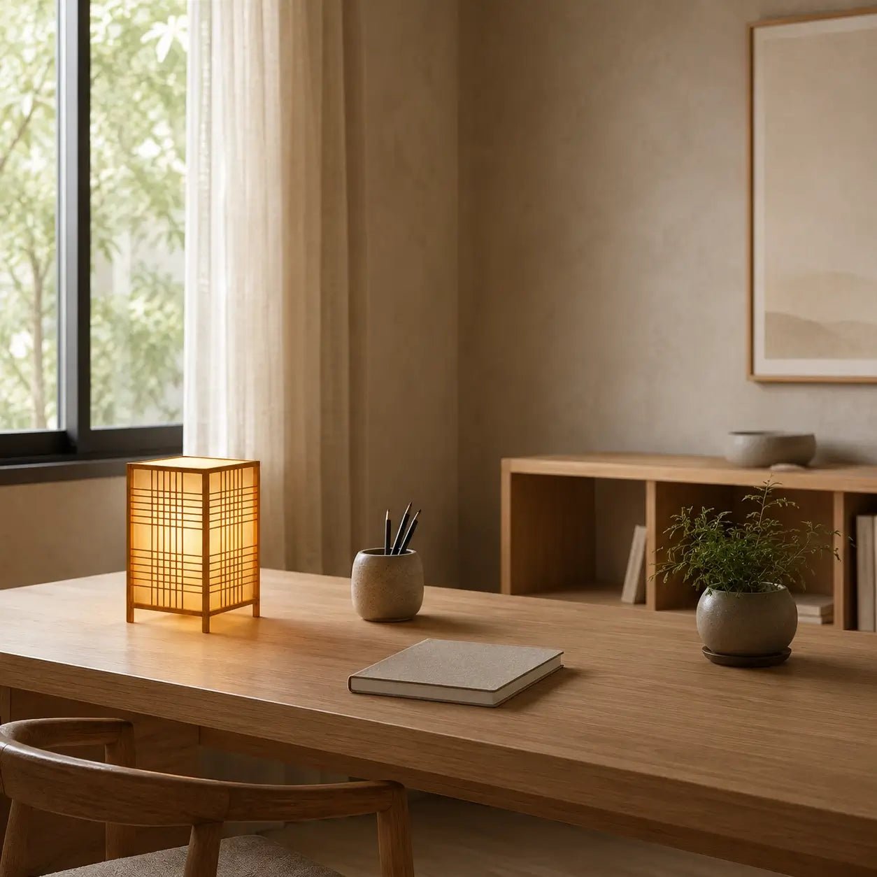 Lampe lanterne Tessera en bambou allumée sur un bureau en chêne dans un espace de travail japandi épuré