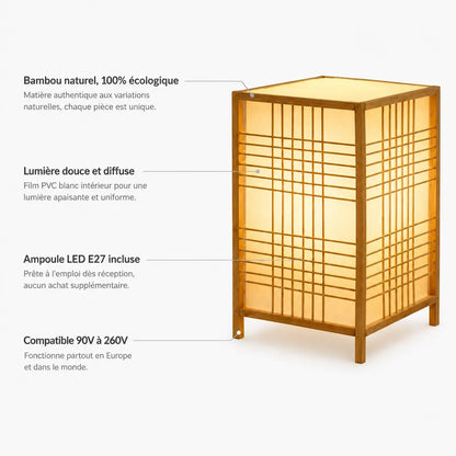 Caractéristiques de la lampe lanterne Tessera : bambou naturel, lumière diffuse, ampoule LED E27 incluse