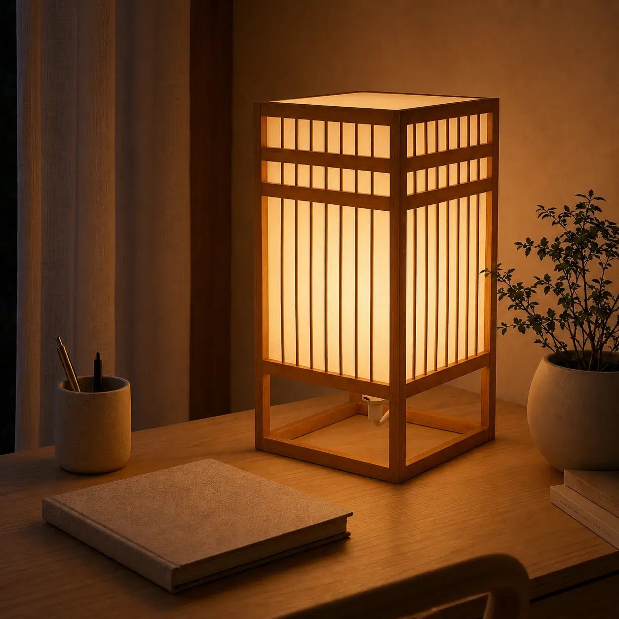 Lampe lanterne Turris en bambou allumée sur un bureau en bois, lumière tamisée filtrée par les lattes en soirée