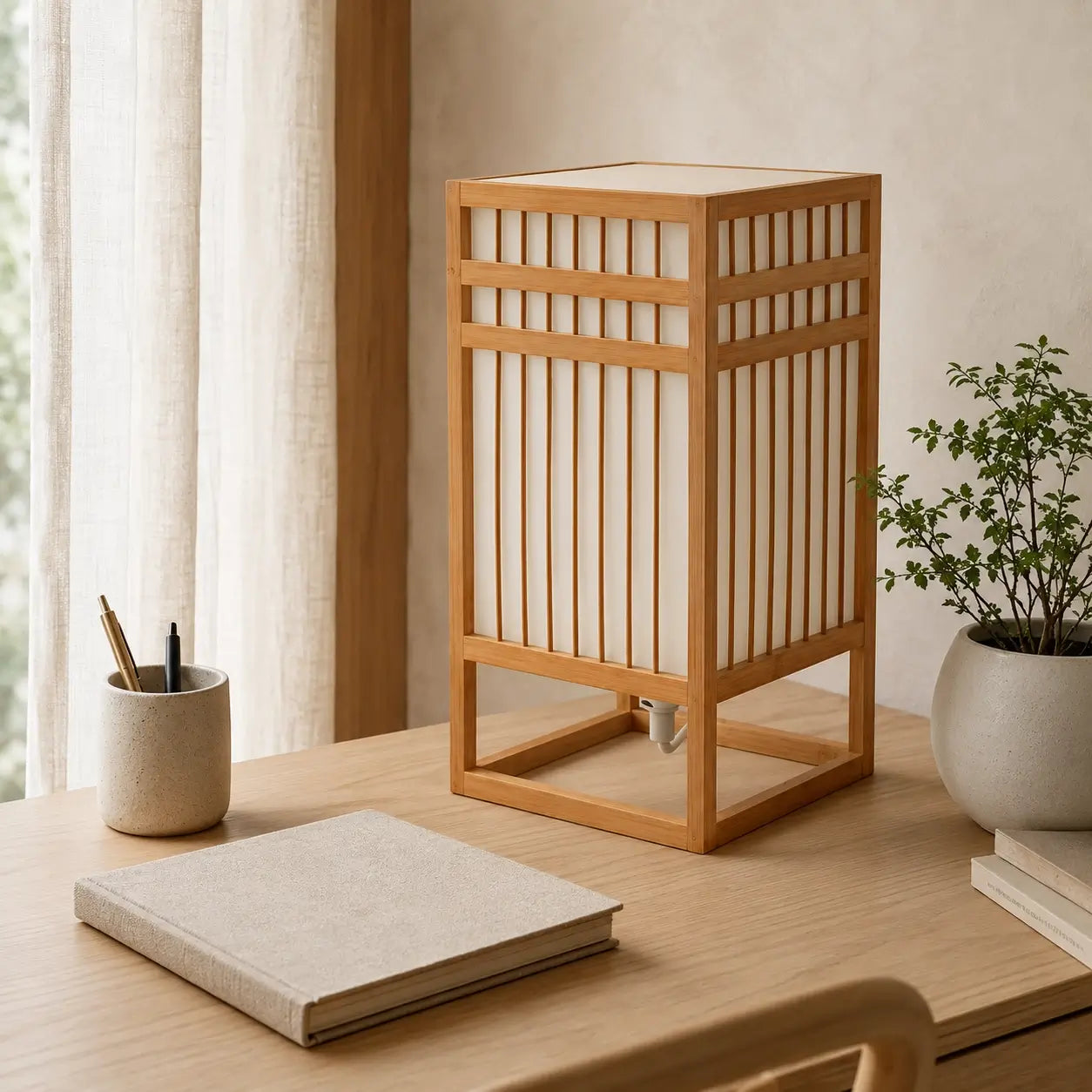 Lampe lanterne Turris en bambou posée sur un bureau en chêne près d'une fenêtre dans un intérieur japandi