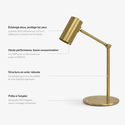 Caractéristiques de la lampe de bureau LED Radius : éclairage doux, basse consommation, structure en métal