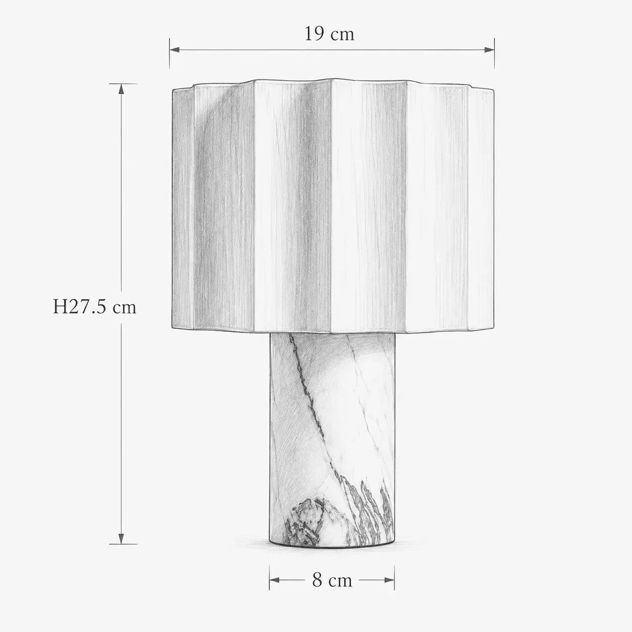 Croquis technique de la lampe Sinus avec dimensions : hauteur 27,5 cm, abat-jour 19 cm, base 8 cm