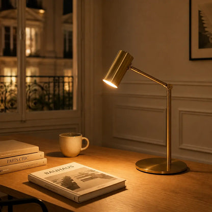 Lampe de bureau Radius en métal doré allumée sur un bureau en bois, ambiance chaleureuse en soirée parisienne