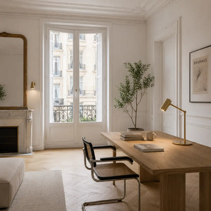 Lampe de bureau Radius en métal doré sur un grand bureau en chêne dans un bureau haussmannien avec fauteuil cannage