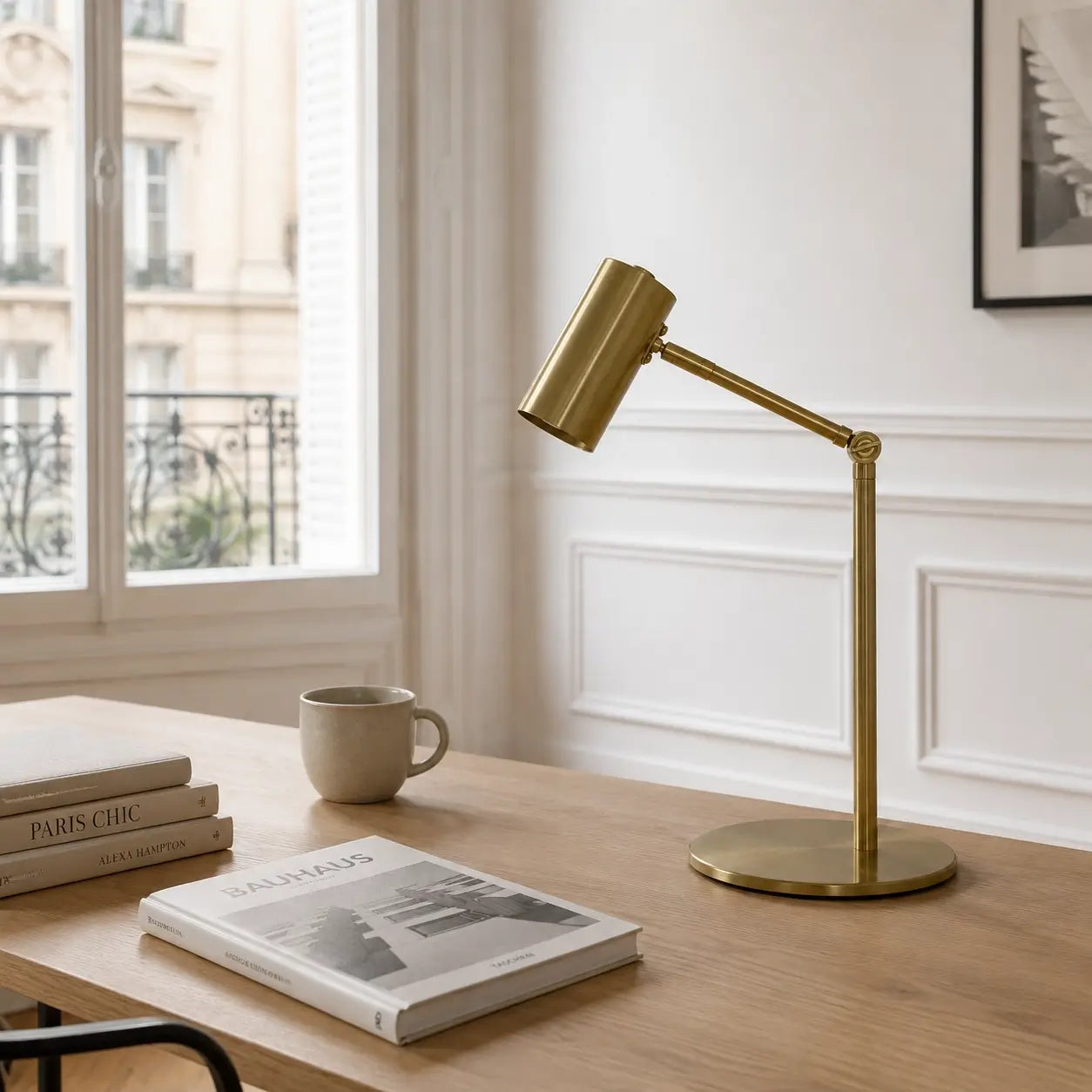 Lampe de bureau Radius en métal doré posée sur un bureau en chêne dans un intérieur haussmannien lumineux