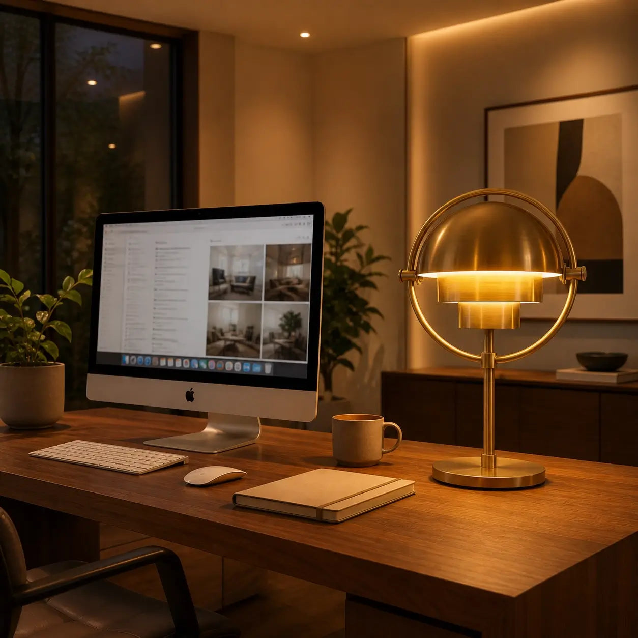 Lampe de bureau métal Solaria ambiance soir setup iMac