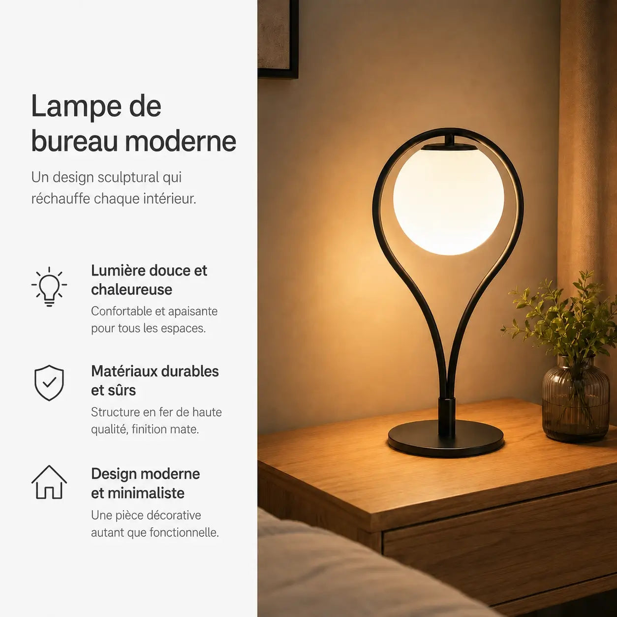 Lampe de bureau moderne Halos au design sculptural, lumière douce et structure en métal mat