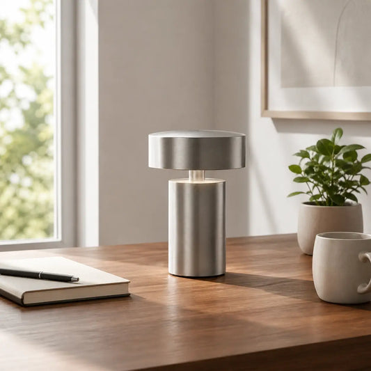 Lampe de bureau Petra design minimaliste en acier brossé sur bureau en bois naturel