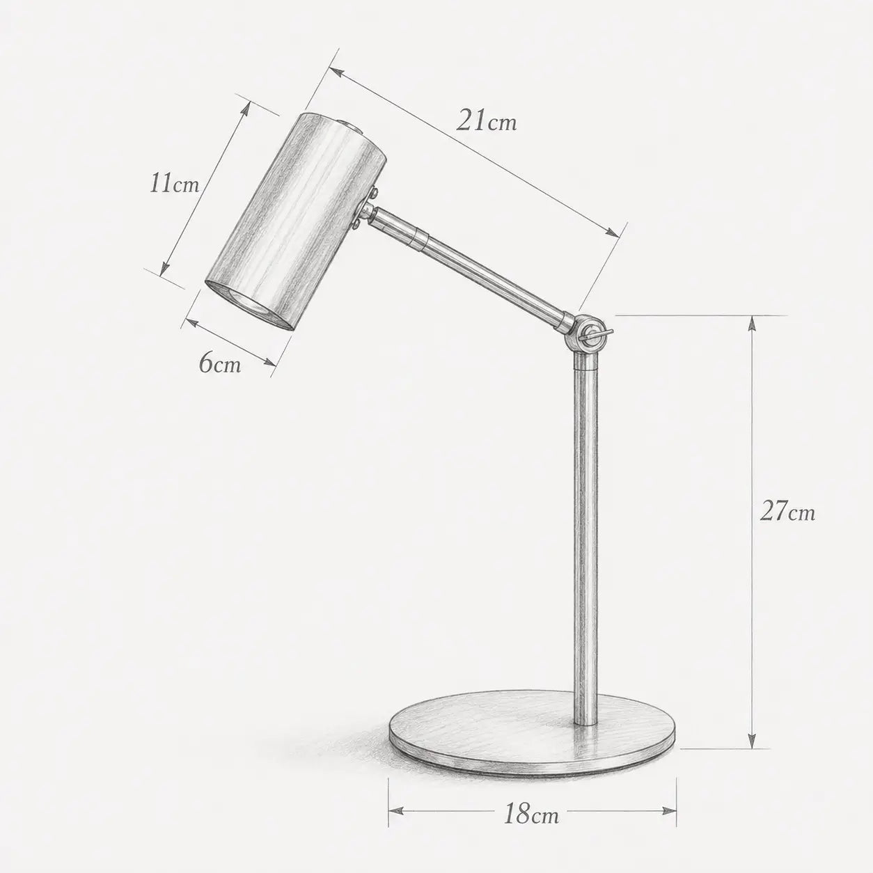 Dimensions de la lampe de bureau Radius : hauteur 27 cm, base 18 cm, tête 11 cm