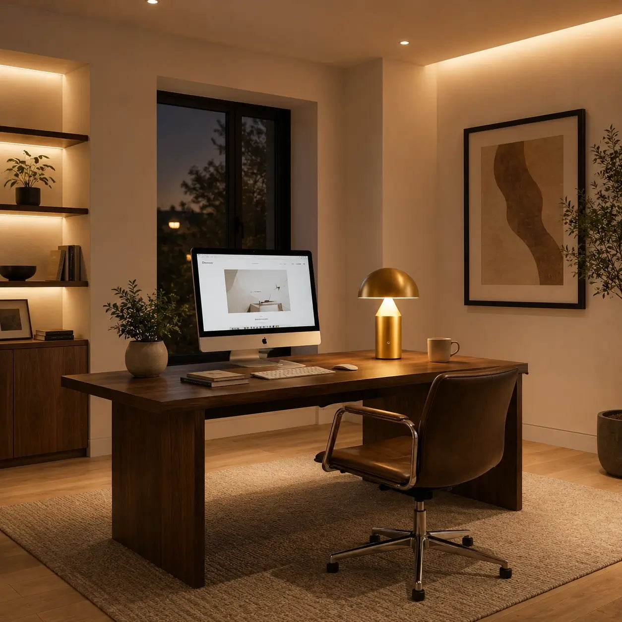 Lampe de bureau sans fil Aurata en laiton éclairant un home office moderne le soir