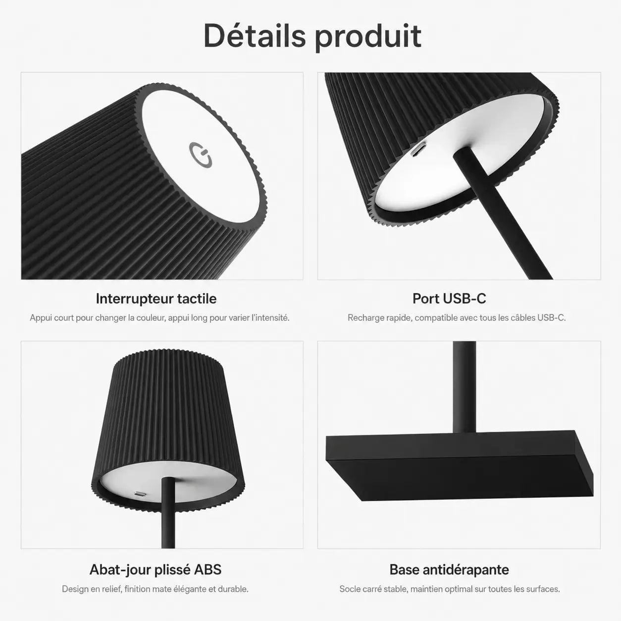 Détails de la lampe sans fil Lucerna : interrupteur tactile, port USB-C, abat-jour plissé, base antidérapante