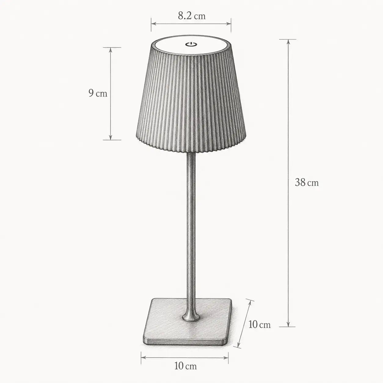 Dimensions de la lampe de bureau sans fil Lucerna : hauteur 38 cm, base 10 cm, abat-jour 8,2 cm