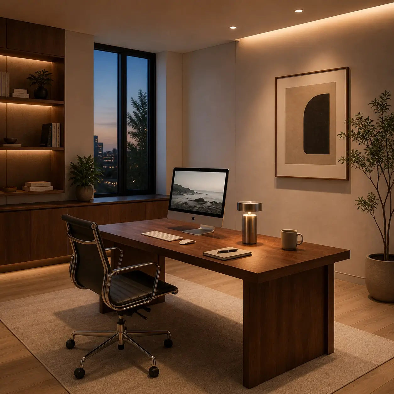 Lampe de bureau sans fil Petra posée sur un bureau dans un home office de nuit