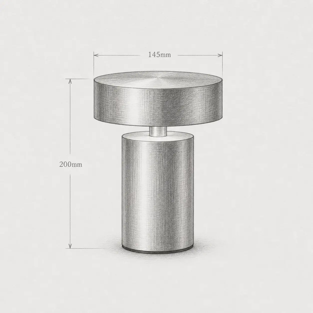 Lampe de bureau sans fil Petra – dimensions Ø145mm x 200mm, schéma technique