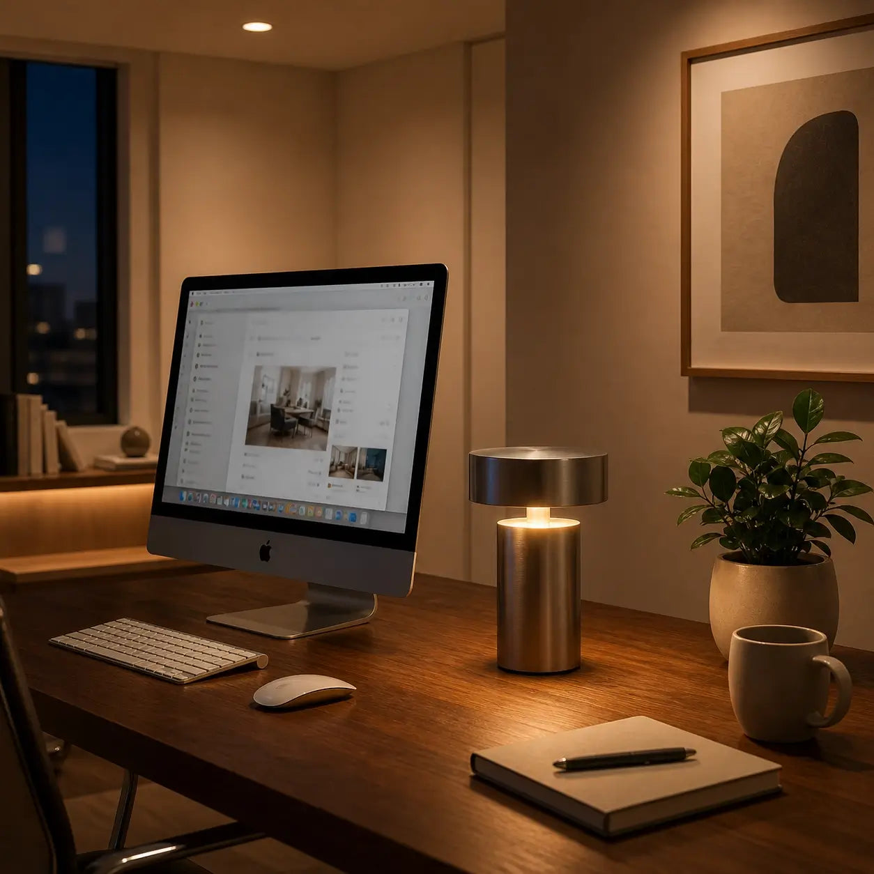 Lampe de bureau sans fil Petra éclairant un poste de travail avec iMac et carnet