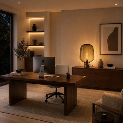 Lampe de bureau design Nebula allumée en soirée, ambiance chaleureuse bureau moderne