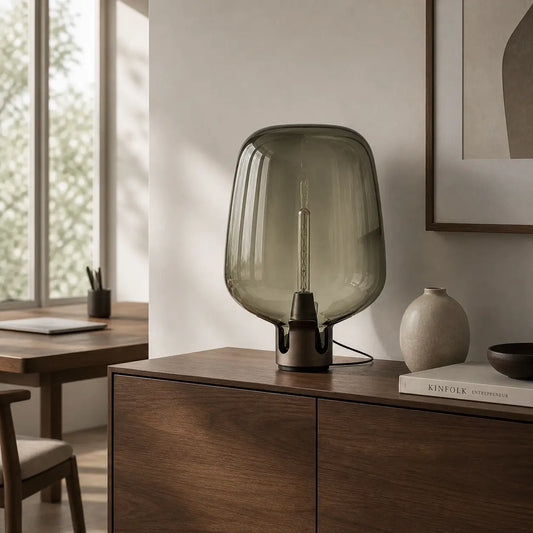 Lampe de bureau verre Nebula posée sur un meuble en bois dans un intérieur design