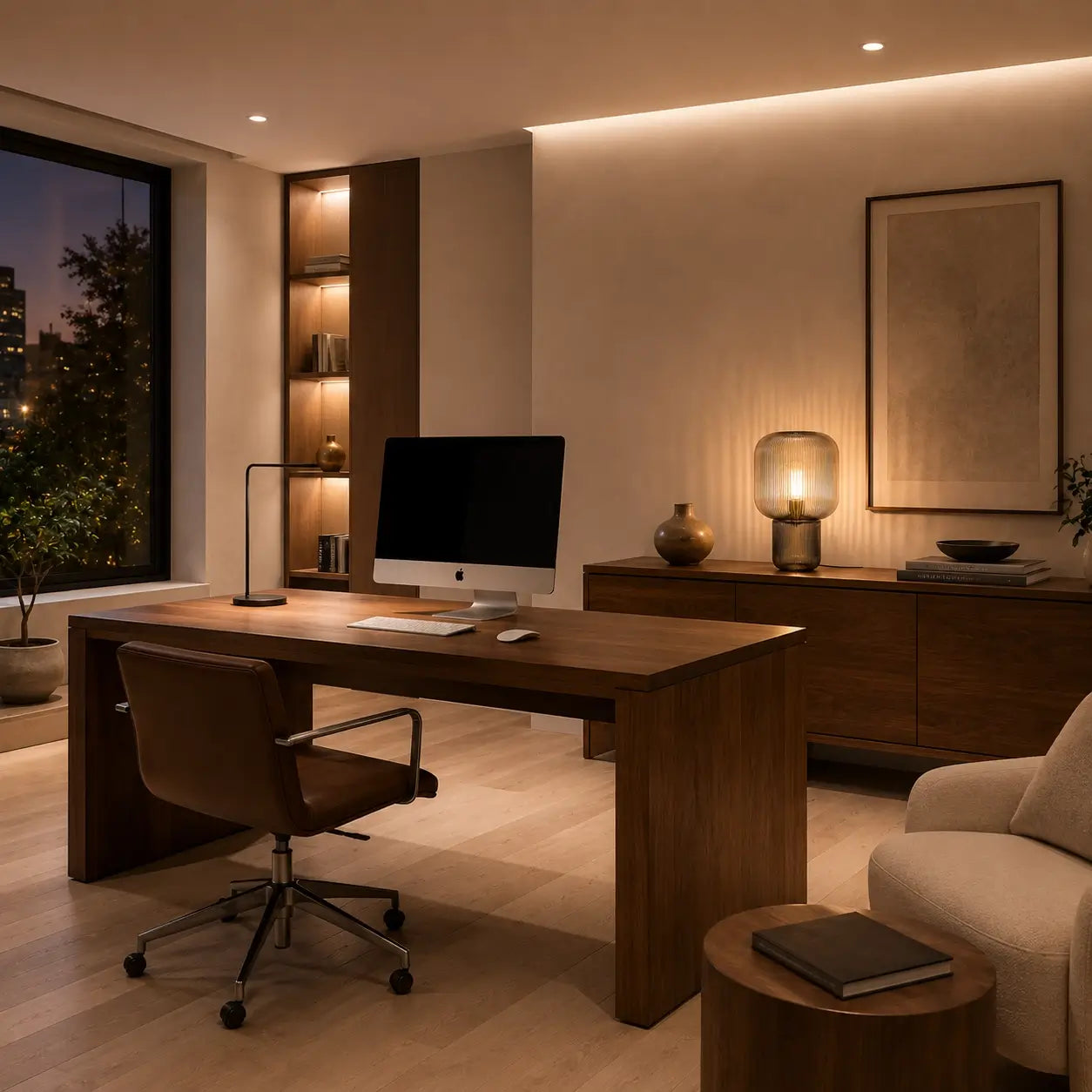 Lampe de bureau verre Stria éclairant un bureau contemporain avec vue sur la ville