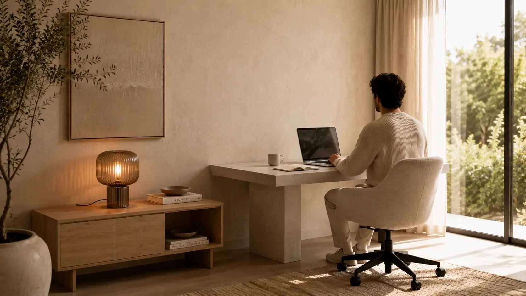 Lampe de bureau verre Stria allumée dans un intérieur naturel avec homme travaillant sur laptop