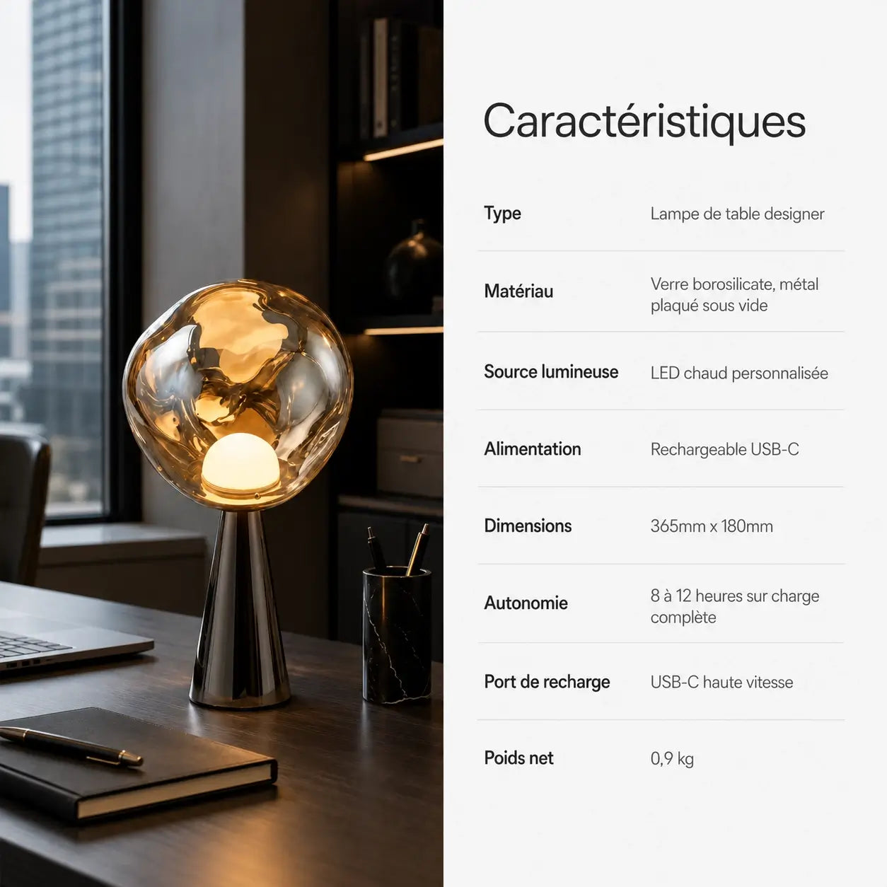 Tableau des caractéristiques de la lampe Umbra : verre borosilicate, LED chaude, recharge USB-C, autonomie 8 à 12 heures, 36,5 × 18 cm, 0,9 kg