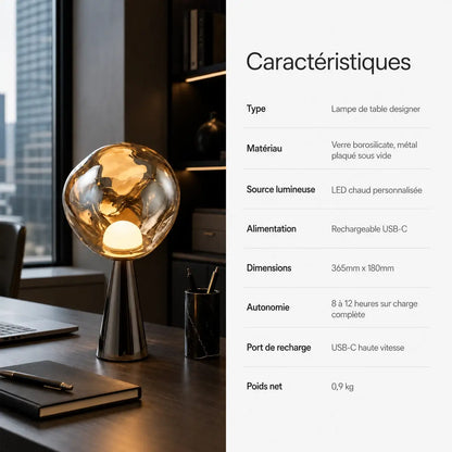 Tableau des caractéristiques de la lampe Umbra : verre borosilicate, LED chaude, recharge USB-C, autonomie 8 à 12 heures, 36,5 × 18 cm, 0,9 kg