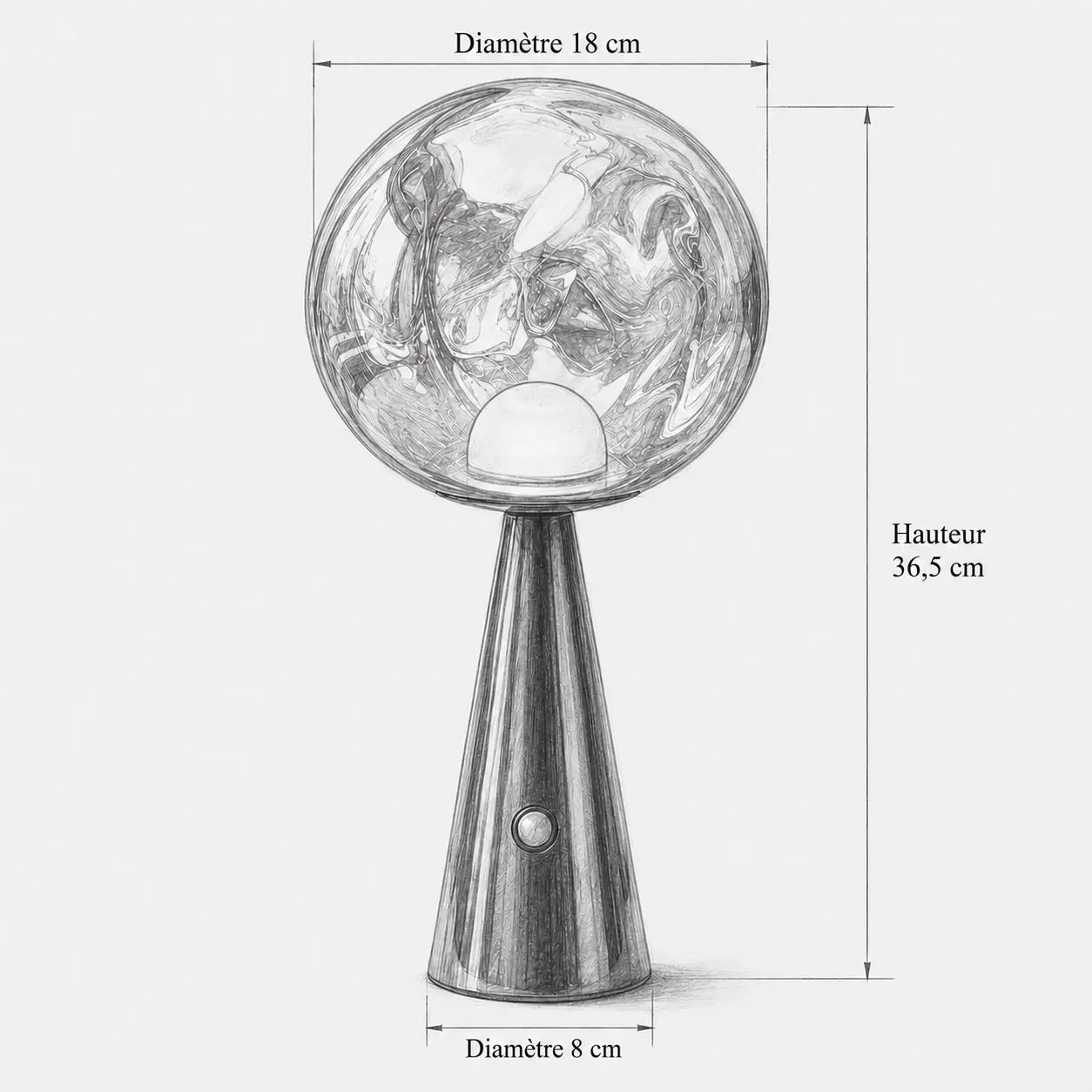 Croquis coté de la lampe Umbra : globe de 18 cm de diamètre, hauteur 36,5 cm, socle de 8 cm
