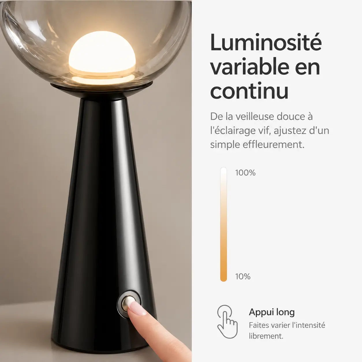 Infographie de la lampe Umbra : luminosité variable en continu de 10 à 100 % par appui long sur le bouton