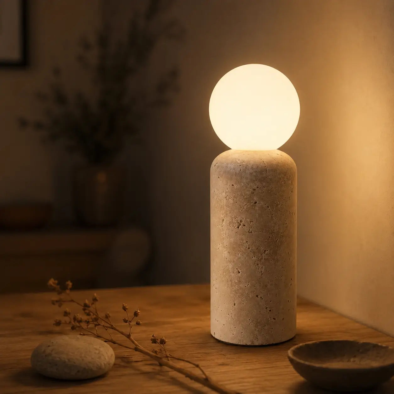 Lampe Saxum grande allumée, lumière chaude, ambiance nuit