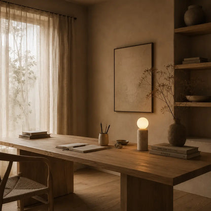 Lampe Saxum grande en travertin posée sur un bureau
