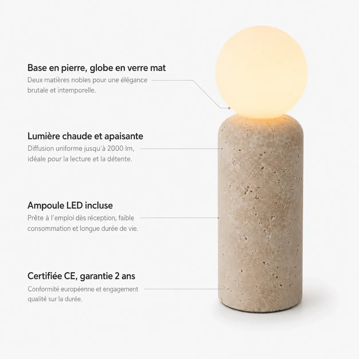 Caractéristiques de la lampe Saxum grande : pierre, verre mat, LED incluse, CE, garantie 2 ans