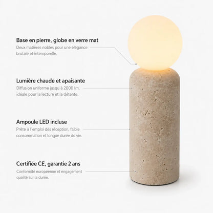 Caractéristiques de la lampe Saxum grande : pierre, verre mat, LED incluse, CE, garantie 2 ans