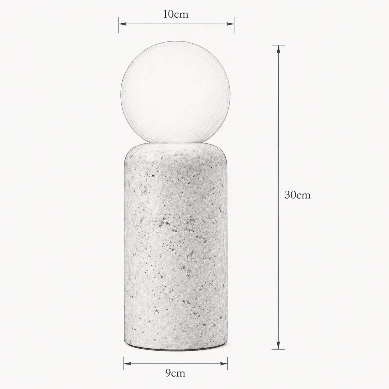 Dimensions de la lampe Saxum grande : hauteur 30 cm, globe 10 cm, base 9 cm