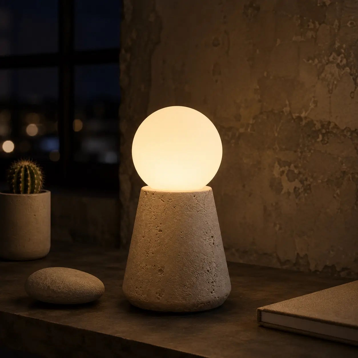 Lampe Saxum petite allumée, lumière chaude, ambiance nuit