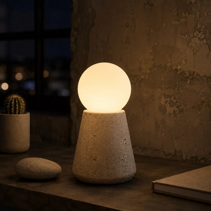 Lampe Saxum petite allumée, lumière chaude, ambiance nuit