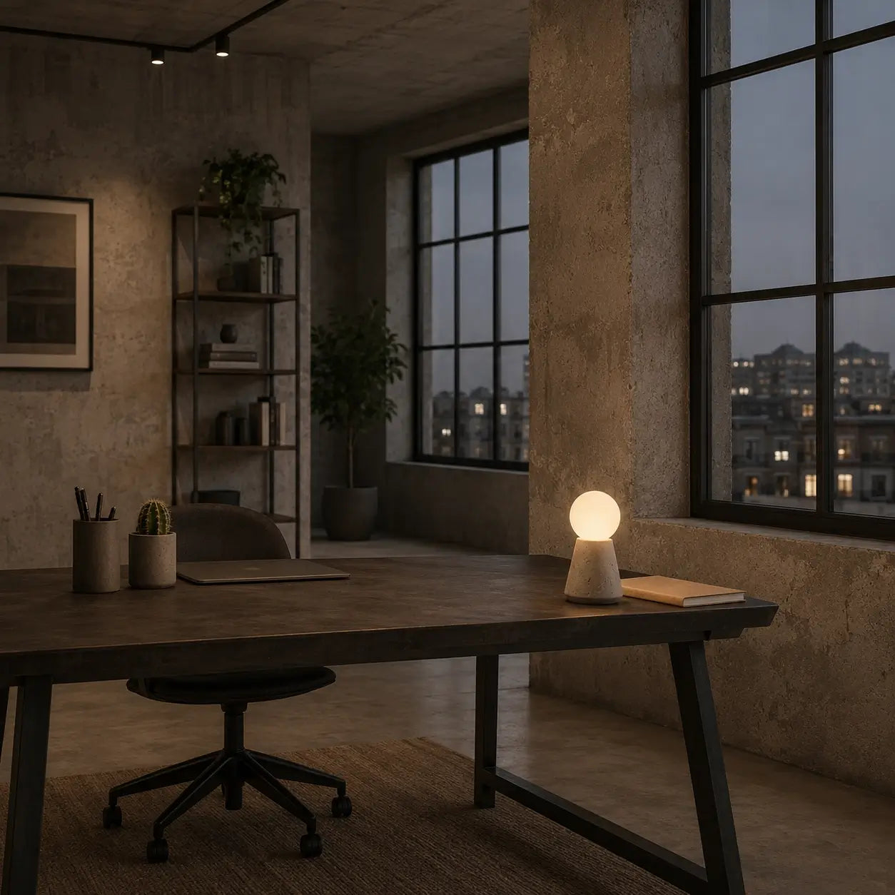 Lampe Saxum petite en travertin posée sur un bureau