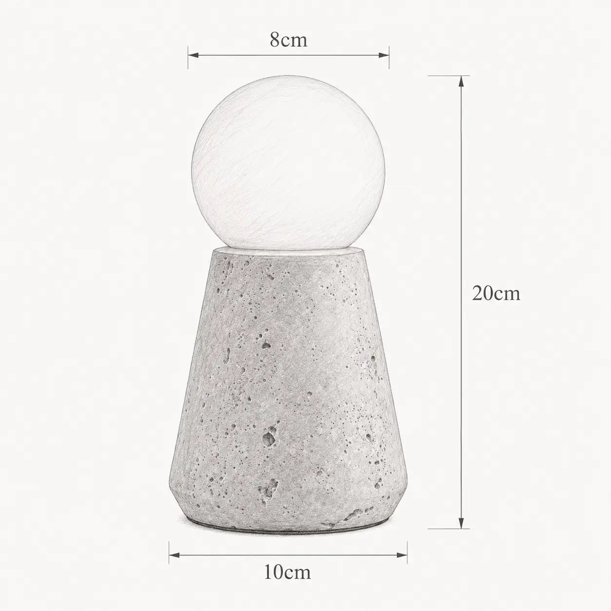 Dimensions de la lampe Saxum petite : hauteur 20 cm, globe 8 cm, base 10 cm