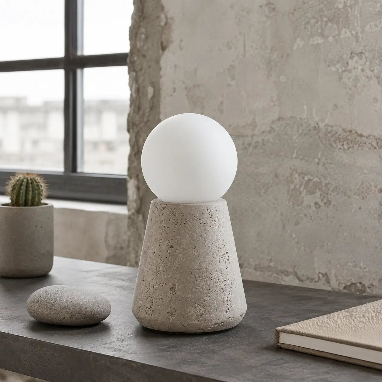 Lampe Saxum petite en travertin sur un rebord de fenêtre, ambiance jour